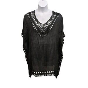 India Boutique Womens Large Black Crochet Trim Swim Cover Up Dolman Sleeve Beach